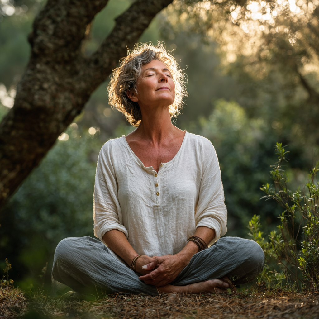 Middle-aged woman in peaceful yoga meditation pose in a serene natural setting